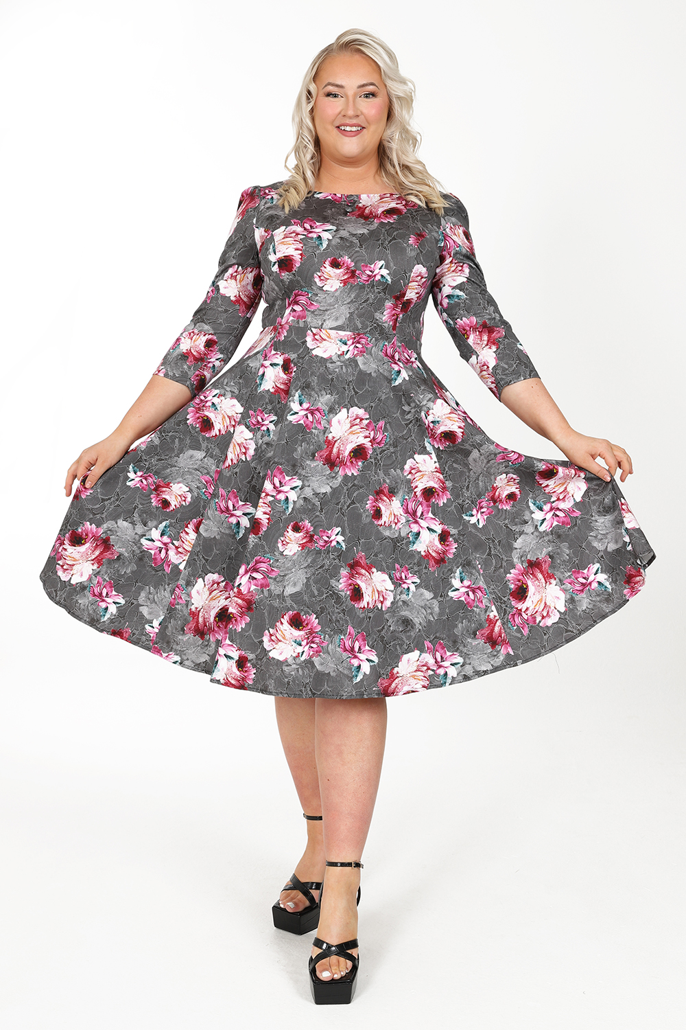 Mix Floral Hepburn Dress In Grey